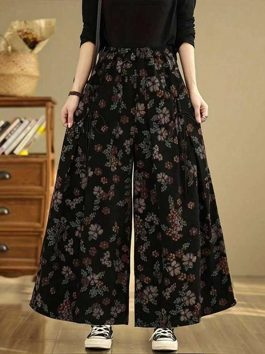 Autumn New Chinese Style Personalized Print Wide Leg Loose High Waist Slimming Elastic Pocket Long Pants Vacation - Multicolor - View 1