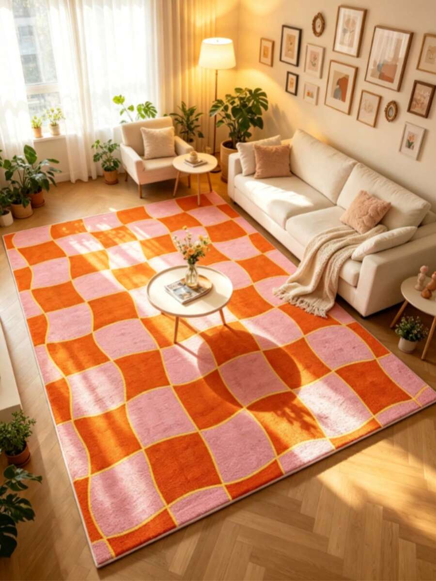 1 pieza Alfombra de área a cuadros rosa y naranja, alfombra de sala de estar, alfombra de área, alfombra de área pequeña, tapete, decoración del hogar, alfombra de sala de estar grande, alfombra redonda, decoración del hogar de sala de estar, decoración de habitación, alfombra lavable - Multicolor - Ver 1