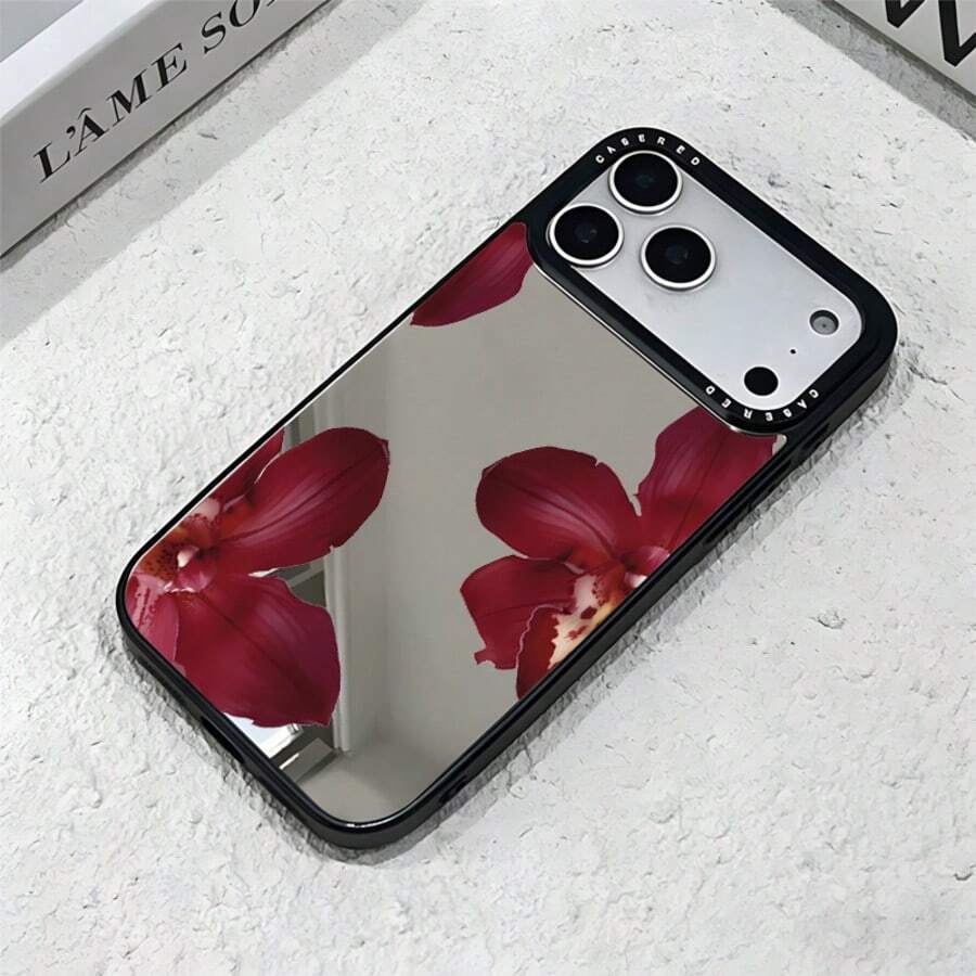 1件裝 化妝鏡手機殼 酒紅色花卉圖案 全包覆 TPU 防震手機殼,適用於 Apple 17 16 15 14 13 12 11 Pro Max - 彩色 - 查看 1