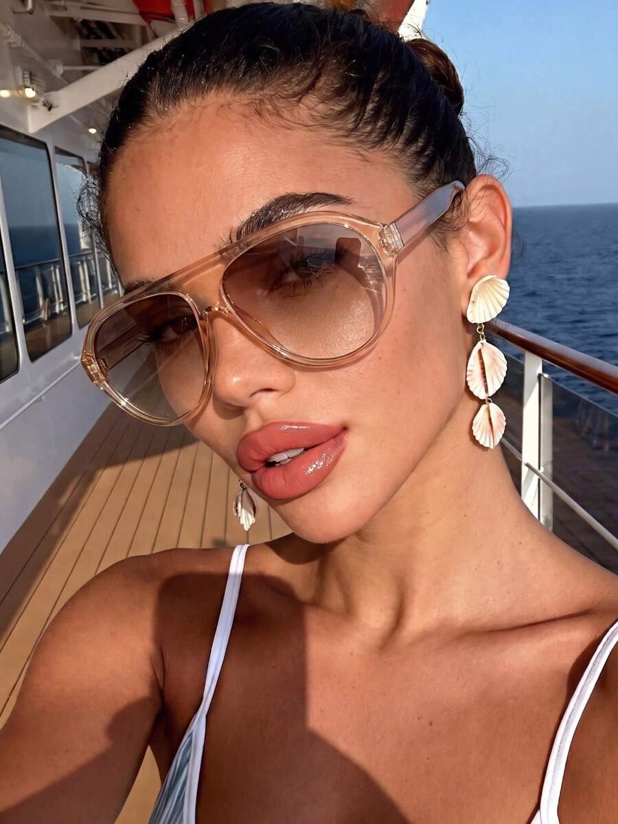 1PC Women's Multi-Color Plastic Aviator Oversized Retro Leopard Print, Personalized Street Handsome Fashion Vacation Y2K Dopamine Ocean Film Decorative Fashion Glasses Shades, Suitable For Beach, Seaside, Travel, Driving, Street Photography, Dating, Party, Etc. - Transparent Tea Frame and Tea Leaves - View 1