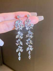 1 Pair Exaggerated Luxury Crystal Leaf Wedding Earrings, Fashionable Elegant Women's Jewelry Gift - Silver - View 4