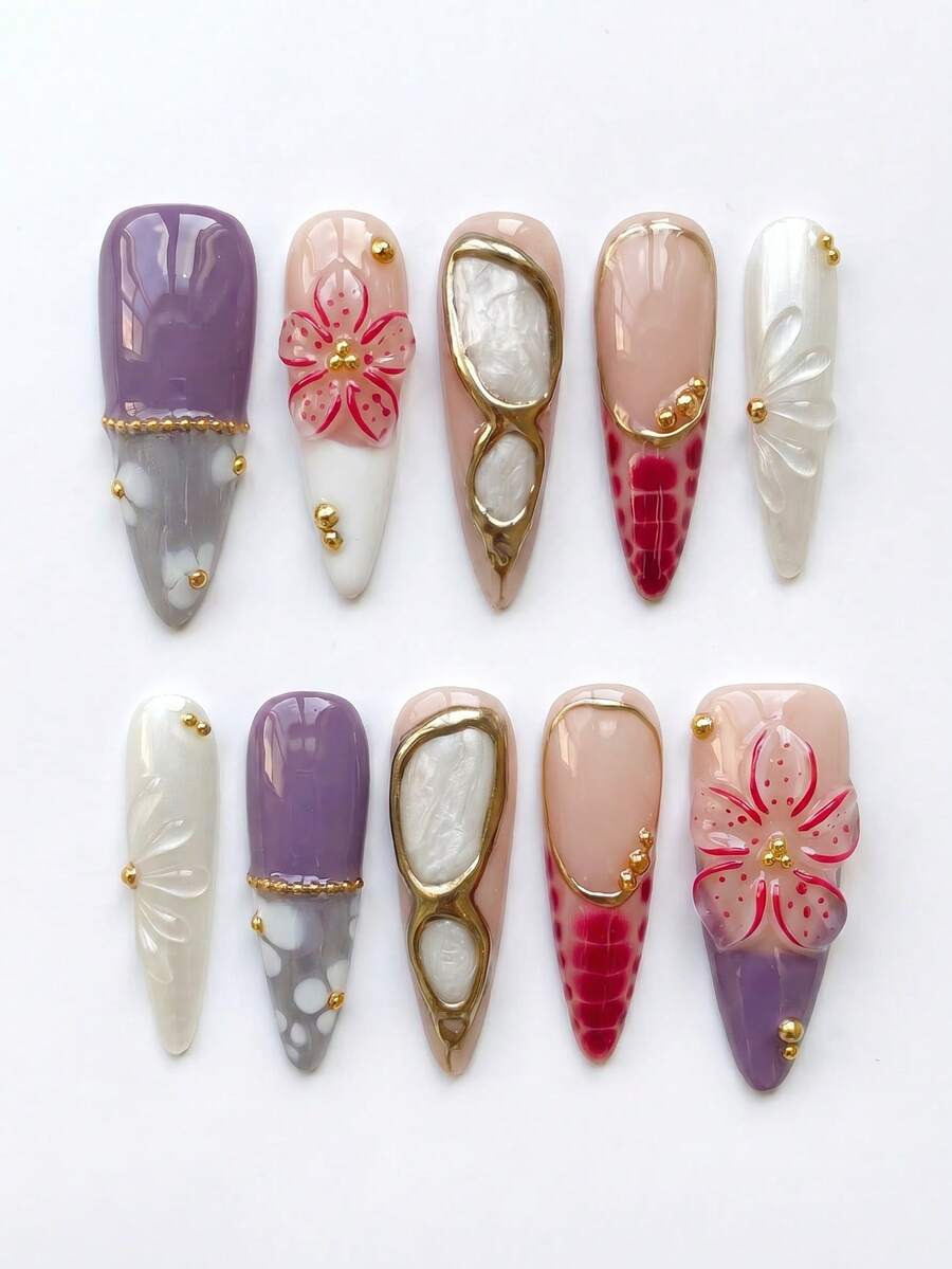 10 piezas de uñas acrílicas postizas largas tipo stiletto hechas a mano, relieve 3D floral magenta y perlado, punta francesa color block morado taro, set de suministros de uñas removibles y reutilizables (incluye pegamento gelatina y lima de uñas) - suministros de uñas góticas para Halloween - Púrpura rojizo - Ver 1