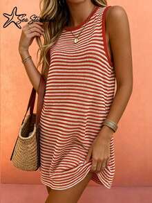 Spring/Summer Striped Sleeveless Cover-Up Dress, Suitable For Beach Vacation And Afternoon Tea - Red and White - View 4