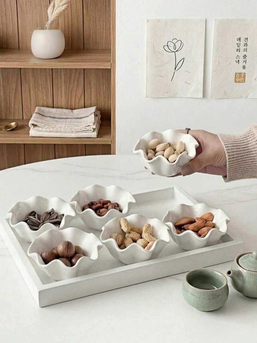 Haus Hana 1 件套中国茶点盘、莲花陶瓷盘、复古家用干果盘套装、糖果小吃托盘、茶点盘、木制托盘、隔间盘、陶瓷碗 - 彩色 - 查看 1
