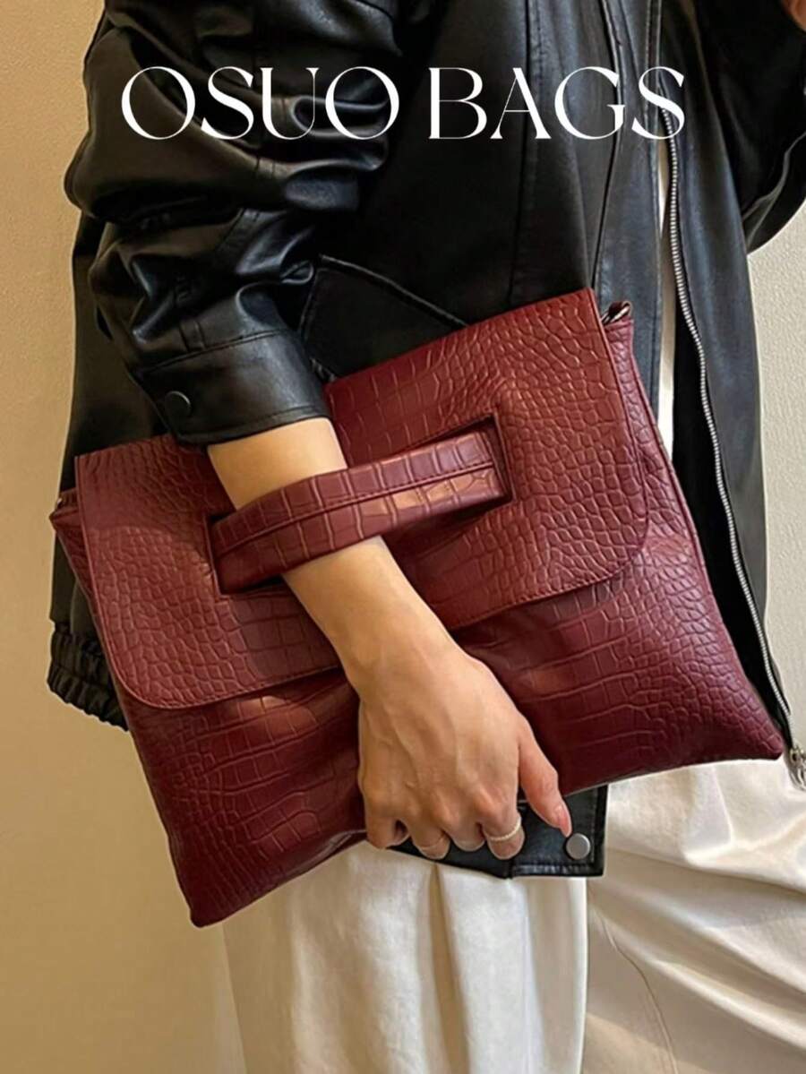 1pc Women's PU Crocodile Embossed Large Capacity Flap Magnetic Closure Design Crossbody Bag, Minimalist Elegant Envelope Style Clutch, Lightweight Multifunctional Vintage Versatile Square Bag With Adjustable Long Shoulder Strap, Fashionable Shoulder Bag Suitable For Daily Commute, Party, Wedding, Gift Giving