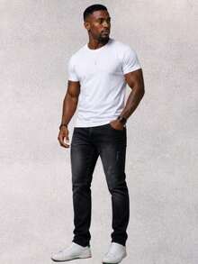 Men's Slim Fit Jeans In Premium Denim With Lycra And Elastane - Premium Elastane - Vaqueros negros rotos - Ver 1