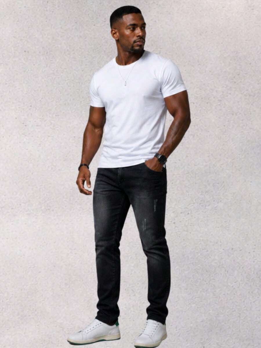 Men's Slim Fit Jeans In Premium Denim With Lycra And Elastane - Premium Elastane - Vaqueros negros rotos - Ver 1