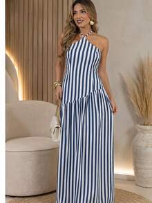 Long Striped Viscose Dress For Parties, Events, And Everyday Wear - Azul - Ver 2