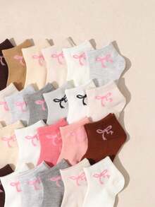 10/20 Pairs Random Assorted Girls' Bowknot Print Invisible Boat Socks, Multi-Color Mixed Low-Cut Low-Top Short Socks, Spring/Summer Thin Breathable Non-Stuffy Socks, Versatile Daily Wear Socks For Kids - Multicolor - View 4