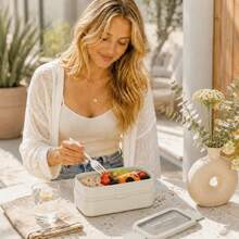 Adult Double-Layer Bento Box Set, Leak-Proof, With Utensils, Stackable Lunch Box, Christmas, Birthday, Holiday Gift, Suitable For Dinner Meal Prep, Work, Outdoor Picnic, School, Back To School Essential, Kitchen Accessory (Beige + Pink) - Multicolor - View 7