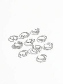 10PCS Dark Y2K Thorn Four-Pointed Star Rhinestone Rings, Twisted Star Rhinestone Stackable Ring Set For Women - Silver - View 5