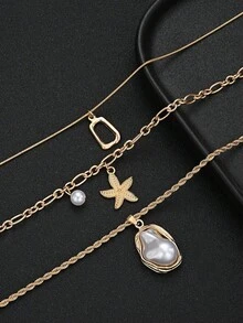 3pcs Vintage Fashion Exaggerated Necklace Set, Featuring Starfish And Faux Pearl Multi-Layer Necklace Set, Suitable For Women To Wear In Summer, Party, Vacation And Other Occasions - Yellow Gold - View 5