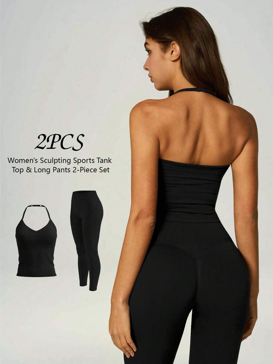 UONNOU 2pcs Women's Sports Shaping Set, Seamless Halter Neck Ruched Backless Top, High Waist Butt Lifting Tight Leggings, - Black - View 1