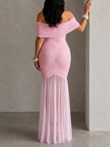 ChicMe Vestido largo con hombros descubiertos y drapeado, vestido de cóctel ajustado sin mangas con silueta de sirena para mujer - Rosa Pálido - Ver 4