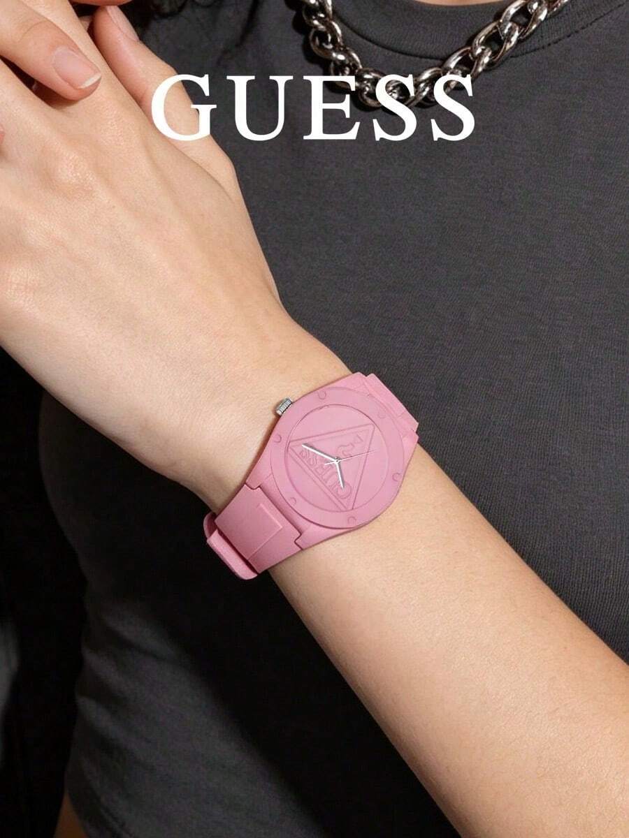 GUESS W0979L6 嬰兒藍女款石英腕錶,一體式矽膠錶帶,壓紋倒三角形品牌標誌,42mm大錶盤,馬卡龍純色休閒中性學生手錶,生日禮物 - 粉色 - 查看 1