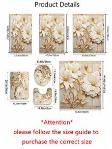 1/3/4pcs Gold Floral Print Shower Curtain Set, Minimalist Pattern, Washable Polyester Fabric, Waterproof Durable Bathroom Accessories, Includes 12 Hooks - Includes Toilet Lid Cover, Bath Mat And Rug, Home/Bedroom/Living Room/Home Decor/Summer - A - View 3