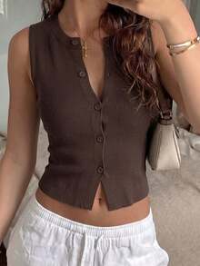 Women's Summer Sleeveless Casual Knit Top With Button Design, Fashionable And Elegant, Essential For Work, Daily Wear And Outings - Brown - View 3