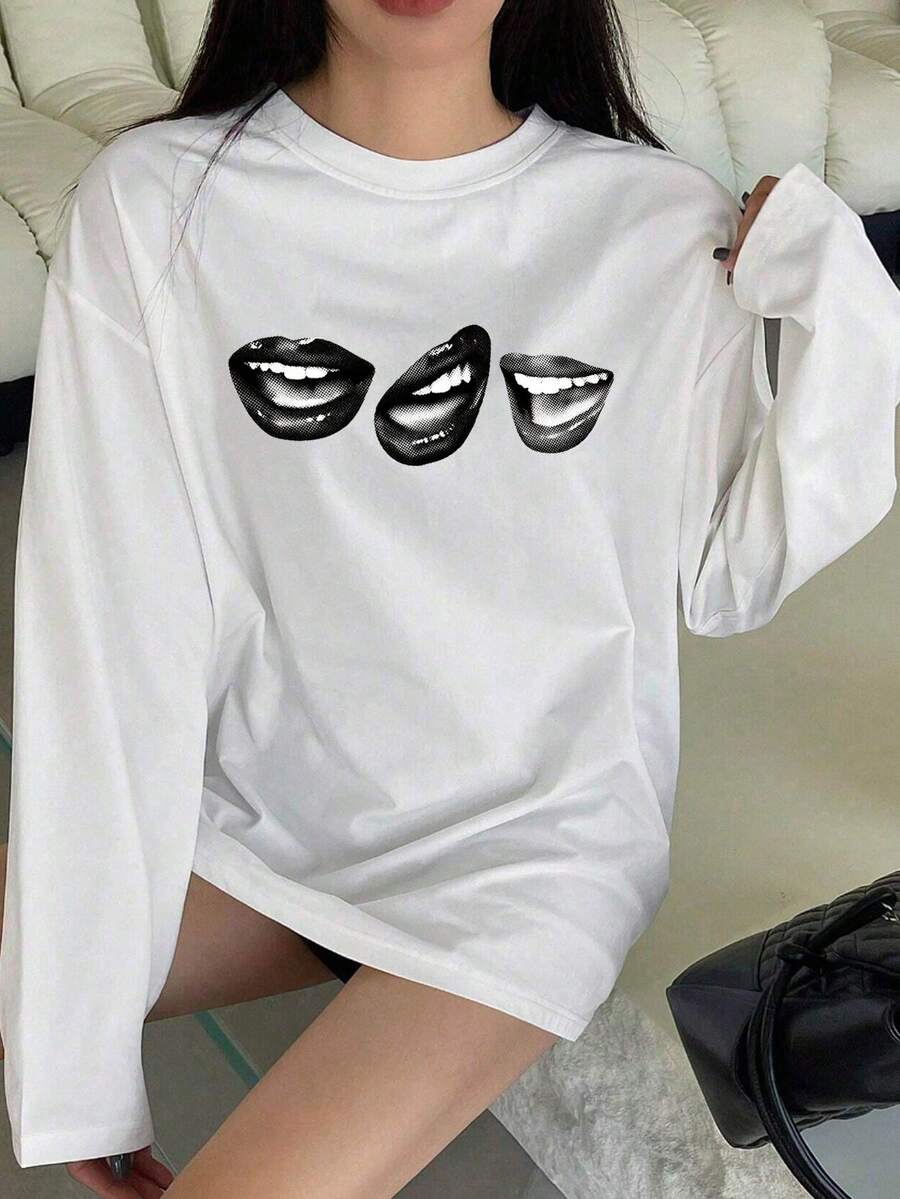 Top de capa base para uso diario en otoño/invierno, estilo de moda, suelto y cómodo, casual y versátil, adecuado para ocio en casa y salidas. Presenta estampado de patrón vintage americano - Blanco - Ver 1