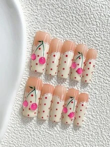 10pcs Korean Sweet Style Handmade Press-On Nails, Polygel Nail Art Set, Cherry Pattern, Pink & White Color, Sweet Girl Style, Includes Nail Tools, 3 Sizes Available, Almond Shape, Duck Shape, Coffin Shape, Suitable For Party, Dancing, Daily Wear - Multicolor - View 19