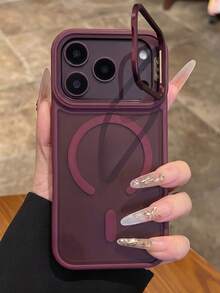 奢華半透明磨砂壓克力磁吸支架酒紅色手機殼，適用於 iPhone 18 Pro Max、17 Pro Max、Air、16、15、14、13、12、11 Pro Max Plus，支援磁吸無線充電，16 Pro 機殼，親膚手感金屬鏡頭環防震保護套 - 櫻桃紅色 - 查看 5
