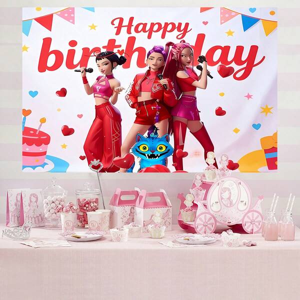 KPop Demon Hunters Red Cool Girl Theme Children's Party Scene Birthday Party Background Banner. Theme Wall Decoration. Ideal Choice For Electronic Rhythm Celebration Events, Room Decoration And Display Props.