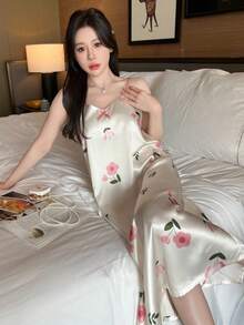 女士蕾丝拼接花卉印花性感吊带长款睡裙，休闲睡衣，水墨图案 - 白色 - 查看 1