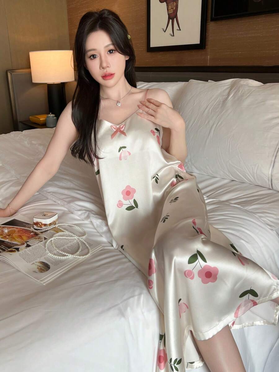 女士蕾丝拼接花卉印花性感吊带长款睡裙,休闲睡衣,水墨图案 - 白色 - 查看 1
