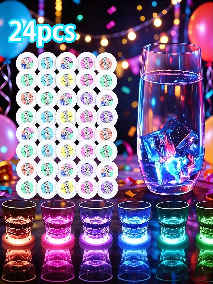 24pcs RGB LED Coasters With Adhesive Backing, 7-Color Flashing Reusable Light-Up Coasters For Wine Bottles, Cups, Vases, Glowing Bar Decor Gifts, Suitable For Party Lovers, Nightclub, Wedding, Holiday Atmosphere Decoration, Night Light LED Decor