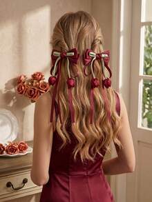 2 piezas Pinzas para el cabello con lazo de tulipán fresco y elegante con cinta de borla - Accesorios para el cabello de princesa versátiles y de alta gama para niñas - Multicolor - Ver 5