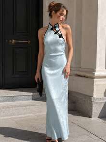 Women's Satin Halter Jacquard Backless Qipao Summer Sleeveless Frog Buttons Chinese Style Party Dress - Blue - View 2