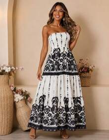 July Strapless Tropical Dress In Various Prints, 2025 Collection - T. Black White - View 4