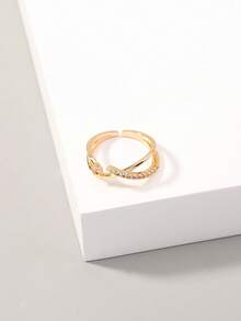 1 pieza Anillo ajustable abierto chapado en oro con microincrustaciones de circonita - Amarillo Oro - Ver 4