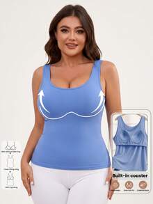 Plus Size Women's Built-In Bra Tank Top Scoop Neck Sleeveless Base Layer Cami For Fall Back To School Workout Daily Commute - Blue - View 9