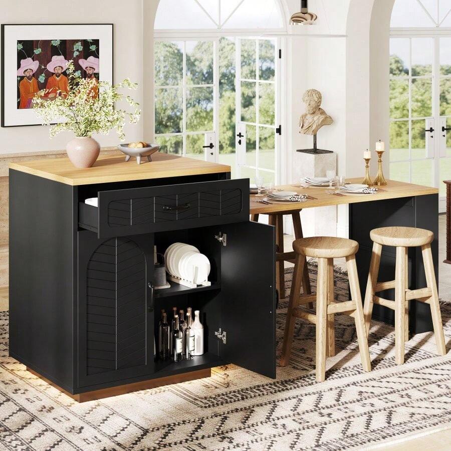 Extendable Kitchen Island With Dining Table, Multifunctional Storage Cabinet With Drawers, Doors, Wine Rack, For Kitchen & Dining Room - Black - View 1