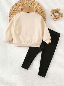 Baby Girl Cartoon Letter Print Crew Neck Long Sleeve Top And Leggings - Apricot - View 2