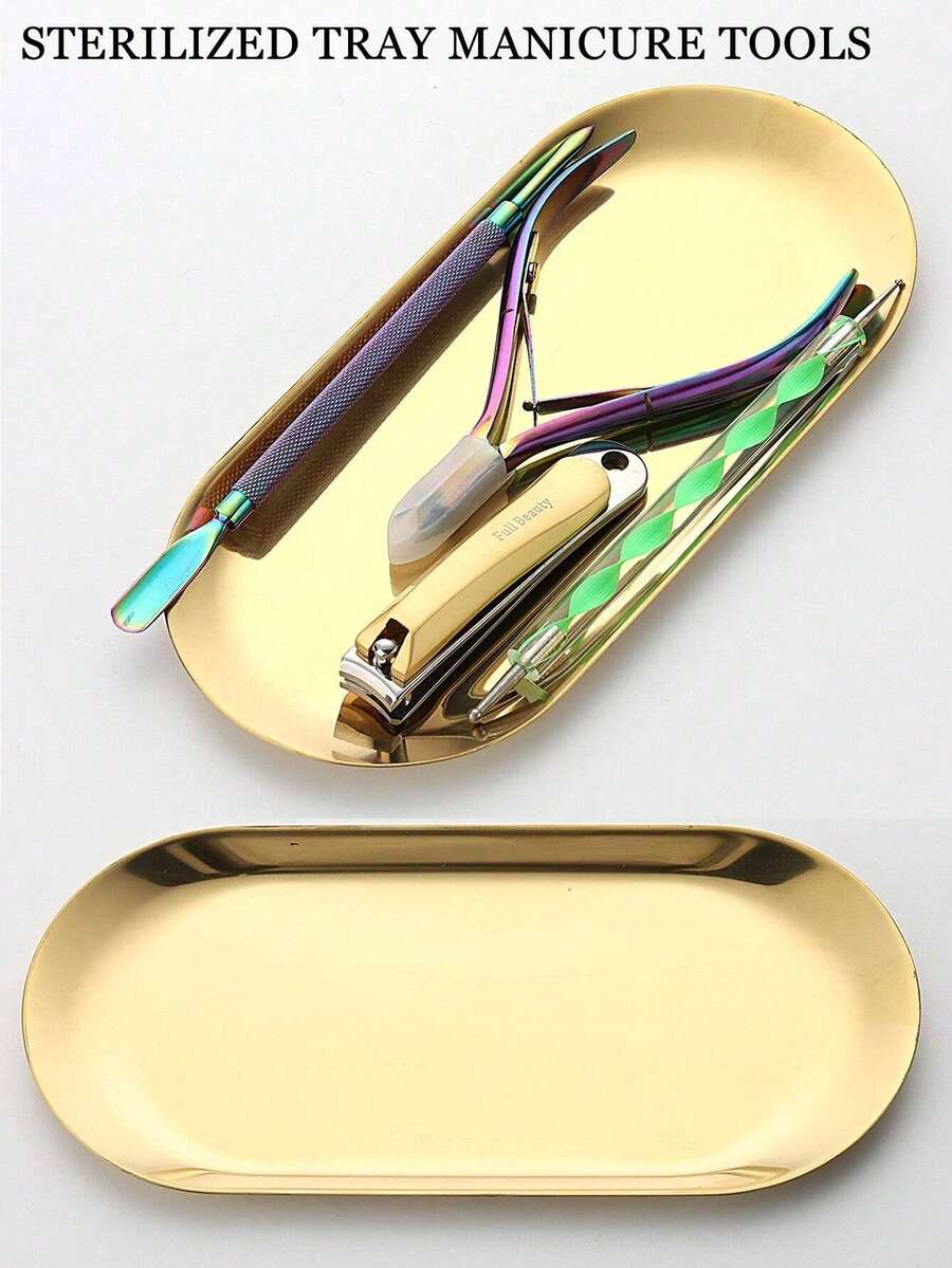 1pc Stainless Steel Disinfection Tray, Oval Mirror Metal Surface, Suitable For Storing Tattoo Tools, Nail Art Tools Accessories Or As Home Desktop Storage Tray - Gold - View 1