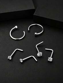 4PCS/6PCS Stainless Steel Claw Set Zirconia Nose Studs Nose Rings L-Shaped Mini Nose Studs Facial Decoration Piercing Jewelry - Multicolor - View 6