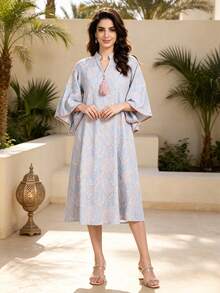 Vestido árabe para mujer con bordado pesado 2026 verano otoño azul claro elegante vestido del Día Nacional de Arabia Saudita, JALABIYA manga corta, atuendo casual para fiesta - Celeste - Ver 6