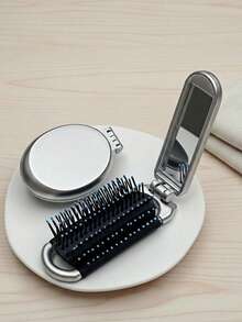 Madebyblanc 1pc Mini Foldable Hair Brush With Makeup Mirror – Portable Travel Styling Comb - Silver - View 2