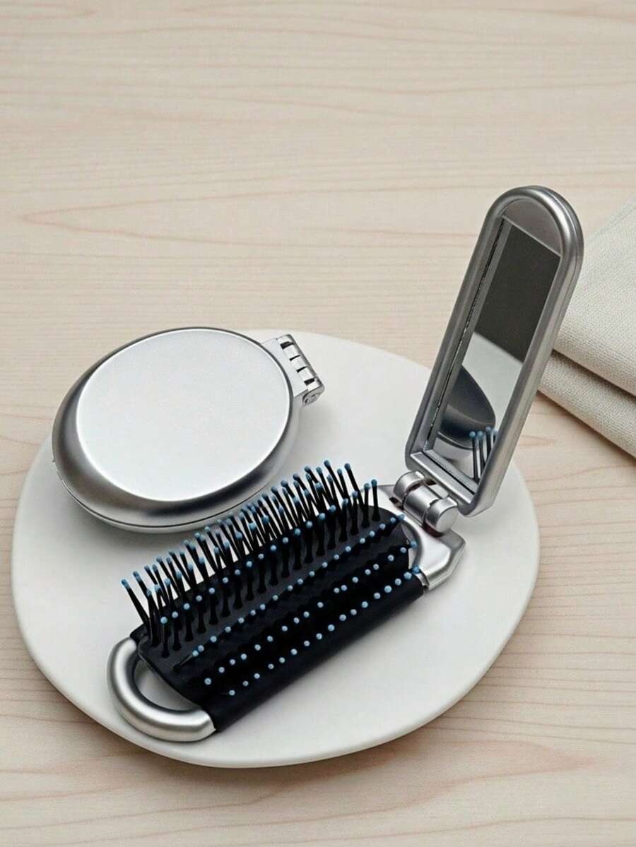 Madebyblanc 1pc Mini Foldable Hair Brush With Makeup Mirror – Portable Travel Styling Comb