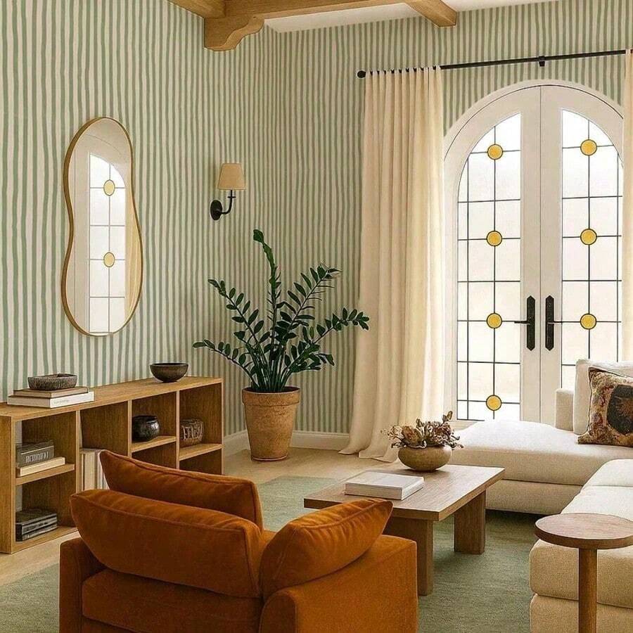 1 rollo de papel tapiz autoadhesivo de PVC, estilo costero moderno, verde salvia tropical y rayas blancas, pegatina decorativa de pared, mate, impermeable, fácil de limpiar, removible, decoración del hogar; adecuado para sala de estar, dormitorio, oficina, estudio, baño, dormitorio, decoración de pared de aula, renovación de muebles; papel tapiz autoadhesivo con ambiente de primavera/verano, también se puede usar como pegatina de pared de vinilo, decoración de pared artística - 1PC - Ver 1