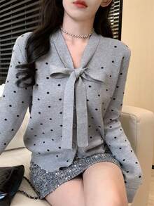 Elegant Niche Bowknot Grey Polka Dot Knit Cardigan Sweater For Women, Can Be Worn Alone Fall - Grey - View 8
