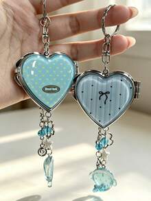Cute Heart Shaped Foldable Mirror Keychain With Mini Whale Pendant, Sweet Dotted Striped Pattern Portable Makeup Mirror Bag Charm Key Ring Gift For Gi - Baby Blue - View 1