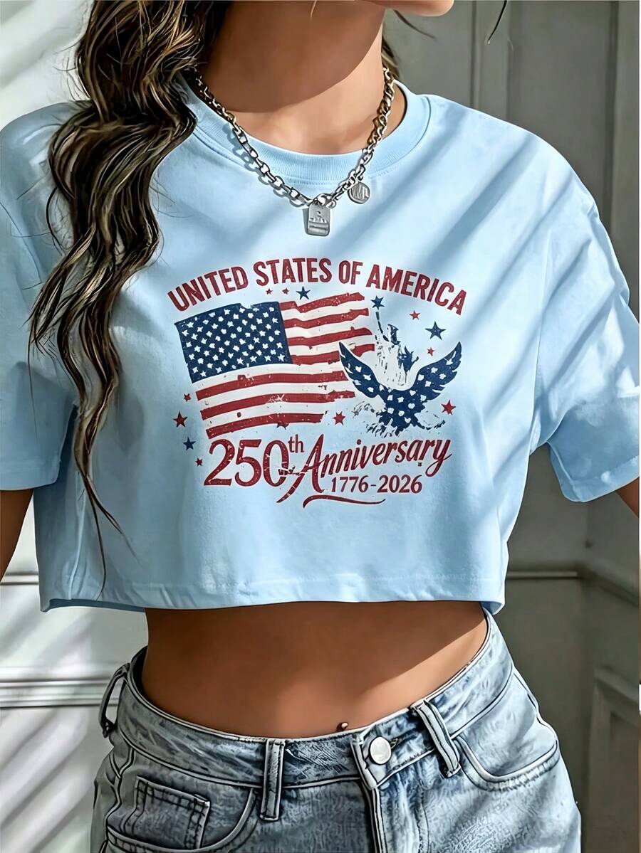 USA 250th Anniversary Commemorative Print Women's Inspired T-Shirt Y2K Short Round Neck Top - Lightweight Spring/Summer Casual Holiday Fantasy Print - 藍色 - 查看 1