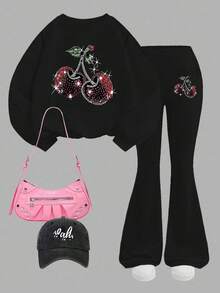 Girls Casual Loose Cherry Print Sweatshirt Set, Suitable For Autumn/Winter Girls Sweatshirt Set, Winter Young Girls Set - Black - View 2
