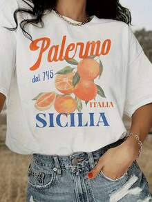 Women's Casual Short-Sleeve T-Shirt - Vibrant Orange Citrus Print With "Palermo 757 Italy Sicilia" Lettering, Breathable Medium Stretch Crew Neck Summ - White - View 1