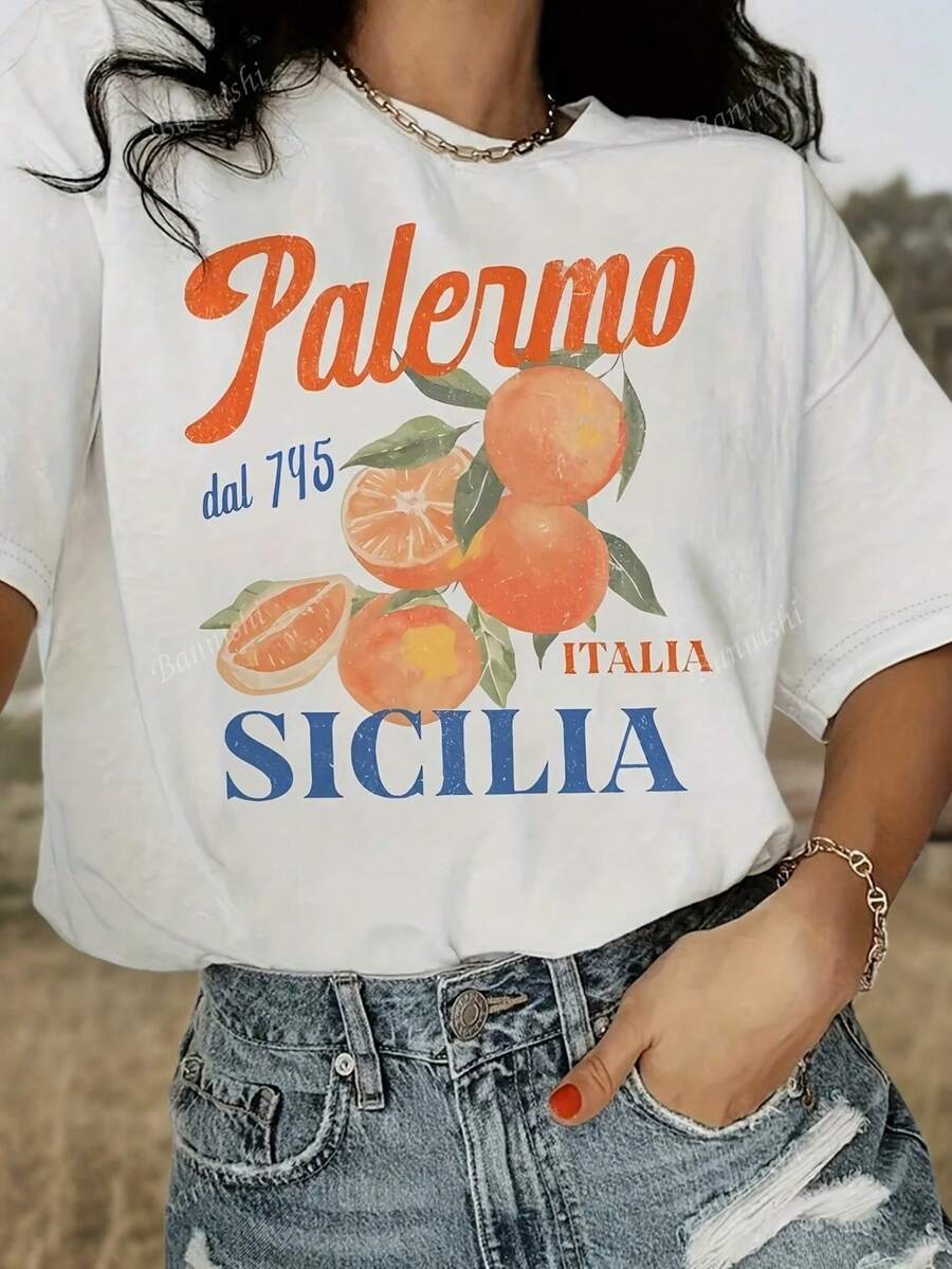 Women's Casual Short-Sleeve T-Shirt - Vibrant Orange Citrus Print With "Palermo 757 Italy Sicilia" Lettering, Breathable Medium Stretch Crew Neck Summ - White - View 1