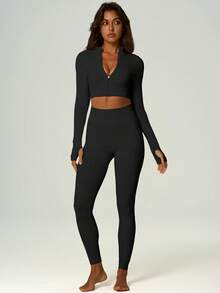 UONNOU 2pcs Women's Sports Shaping Set, Wheat Ribbed Zipper Long Sleeve Cropped Top & High Waist Tummy Control Butt Lifting Leggings - Black - View 9