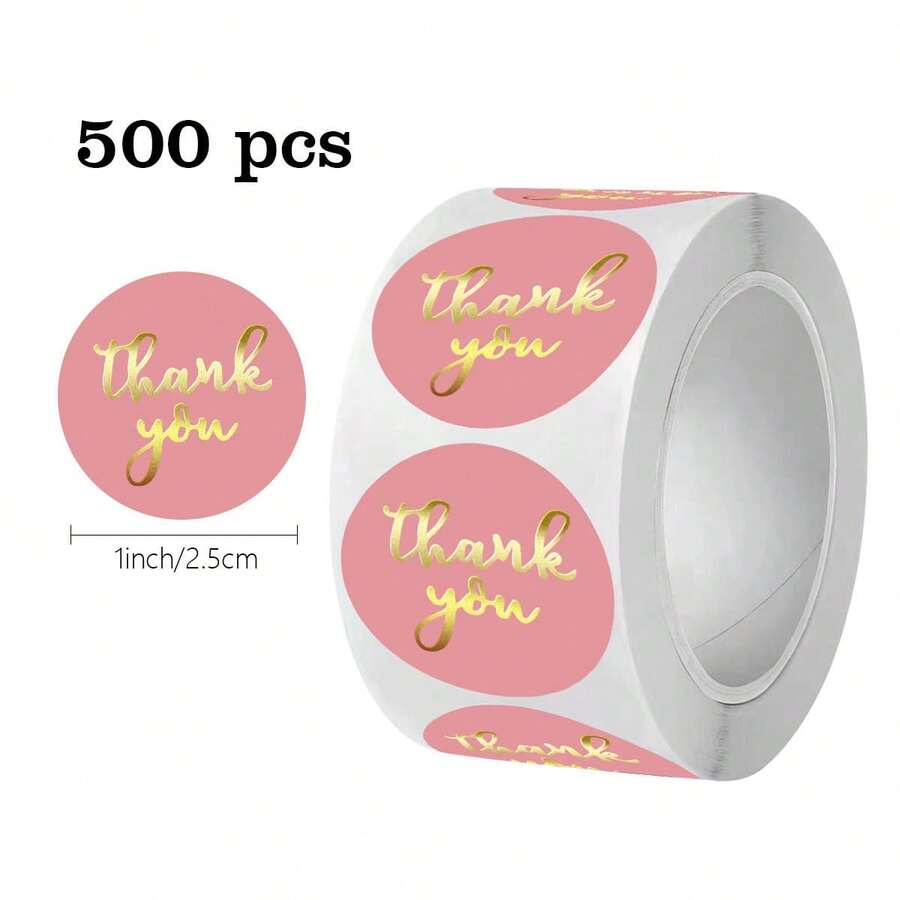 500Pcs Kraft Paper Round Thank You Stickers, Pink Self-Adhesive Labels For Candy Bags, Gift Box, Cake Box, Wedding Favors, Back To School, DIY Craft - Gold Foil Seal Sticker - View 1