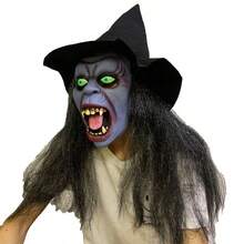 2pcs Halloween Horror Witch Mask, Latex Full Face With Hat And Long Hair, Haunted House Escape Room Cosplay Prop - View 4